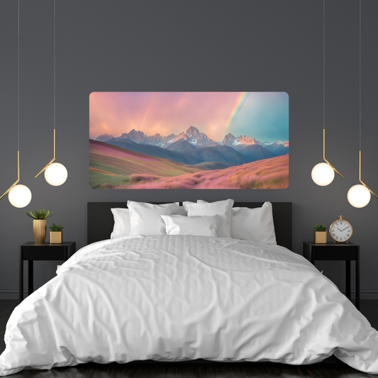 Self-Adhesive Textile Painting – Rocky Mountains with Rainbow