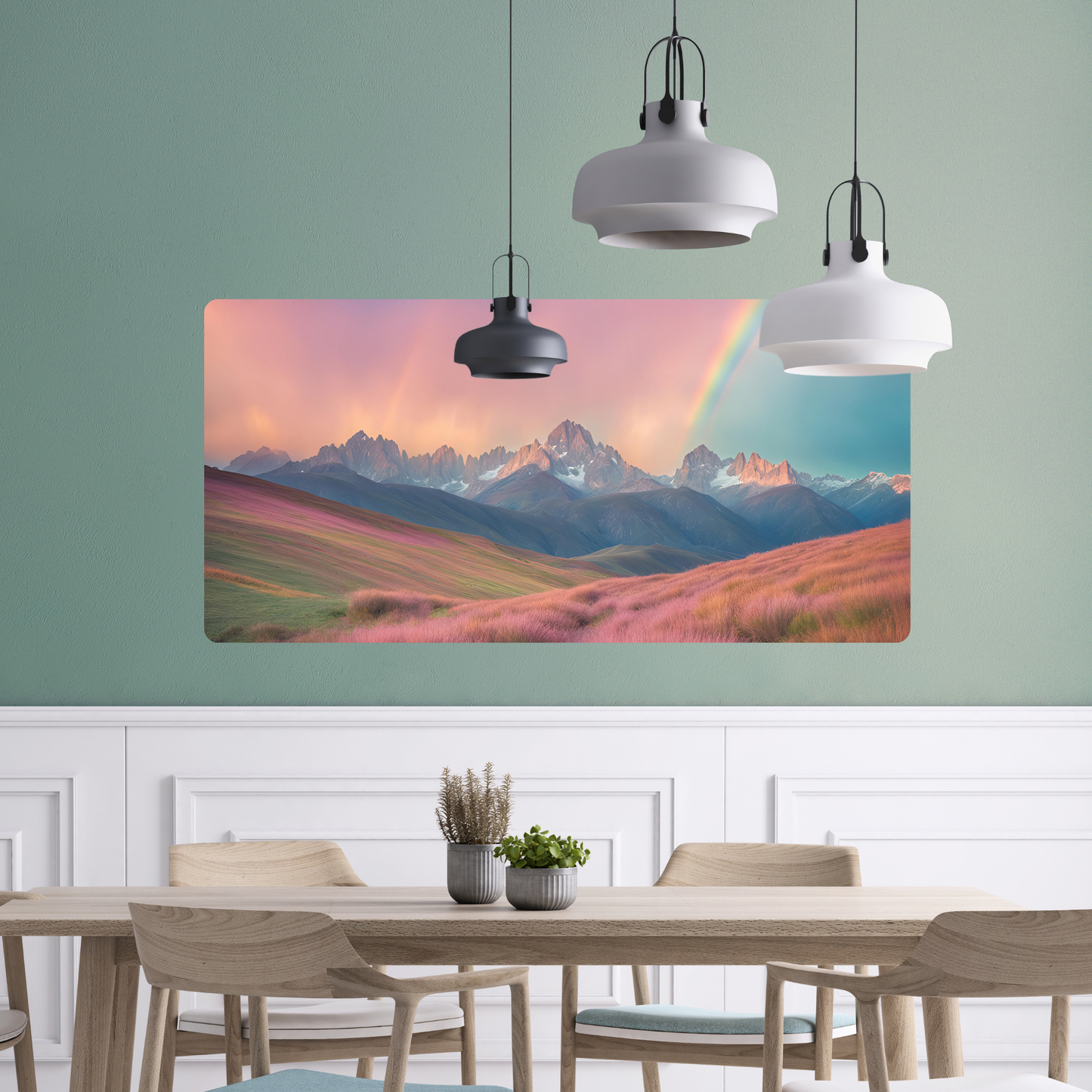 Self-Adhesive Textile Painting – Rocky Mountains with Rainbow