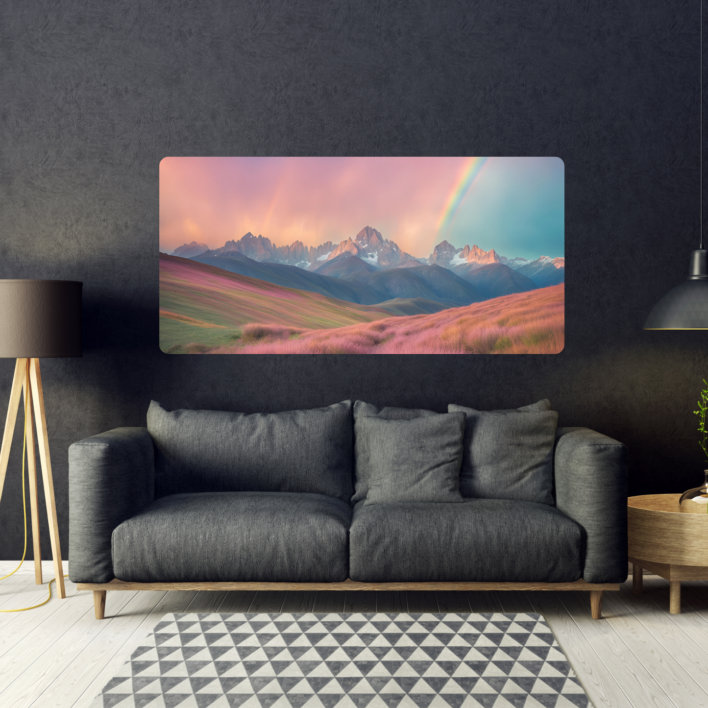 Self-Adhesive Textile Painting – Rocky Mountains with Rainbow