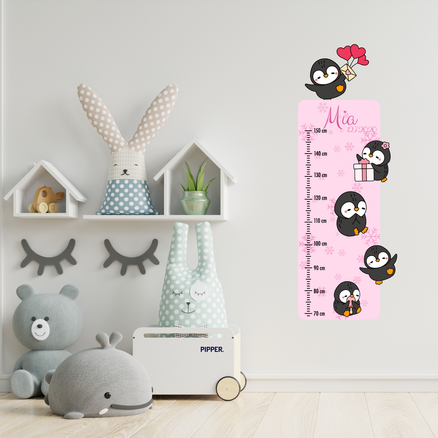 Children’s Measuring with Name Textile Wall Sticker – Penguins