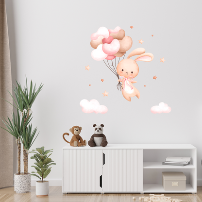 Textile Wall Sticker “Bunny with Balloons – Pink”